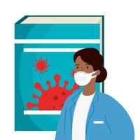 doctor mujer afro y libro con partículas covid 19 vector