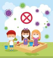 cute children using face mask playing in park vector