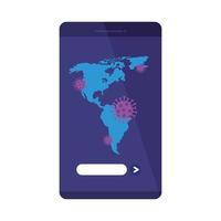continente americano con partículas covid19 en smartphone