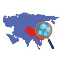 asia map with covid19 particles and magnifying glass vector
