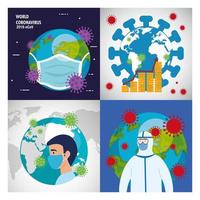 planet earth with covid19 particles set icons vector