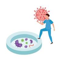 paramedic with particles covid 19 and microorganisms vector