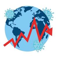 planet earth with covid19 particles and statistics arrows vector