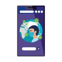 earth planet of covid19 in smartphone with man using face mask vector