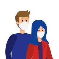 young couple using face mask isolated icon vector