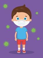 cute boy using face mask with particles covid 19 vector