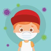 cute boy using face mask with particles covid 19 vector