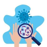 hands and magnifying glass with particles covid 19 vector