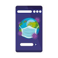 earth planet of covid19 using face mask in smartphone vector