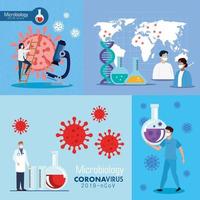 set poster of microbiology for covid 19 and medical icons vector