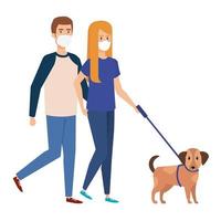 young couple using face mask walking with dog vector