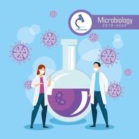 microbiología para covid 19 con médicos y tubo de prueba vector