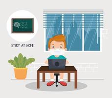 stay at home campaign with boy studying online vector