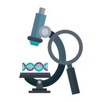 microscope with dna structure and magnifying glass vector