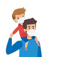 father with son using face mask vector