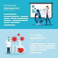set poster of microbiology for covid 19 and medical icons vector