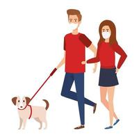 young couple using face mask walking with dog vector