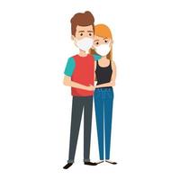 young couple using face mask isolated icon vector