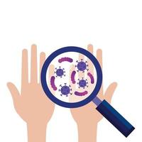 hands and magnifying glass with particles covid 19 vector