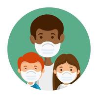 father with children using face mask vector