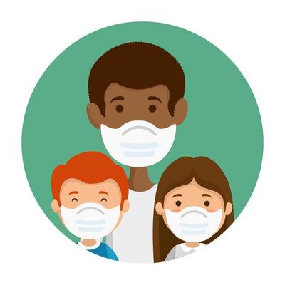 father with children using face mask