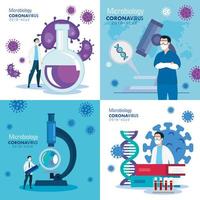 set poster of microbiology for covid 19 and medical icons vector