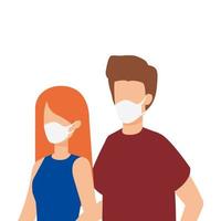 pareja joven, utilizar, máscara facial, icono, aislado vector