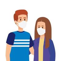 young couple using face mask isolated icon vector