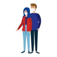 young couple using face mask isolated icon vector