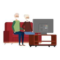 grandparents couple using face mask watching television vector
