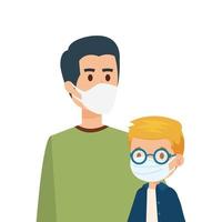 father with son using face mask vector
