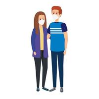 young couple using face mask isolated icon vector