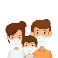 parents with son using face mask vector