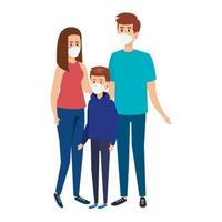 parents with son using face mask vector