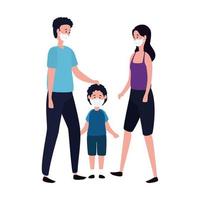 parents with son using face mask vector