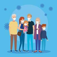 cute group family using face mask with particles covid 19 vector