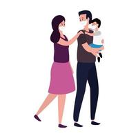 parents with son using face mask vector