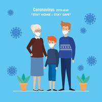 campaña de quedarse en casa con la familia usando mascarilla vector