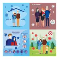 set scenes of families using face mask and particles covid 19 vector