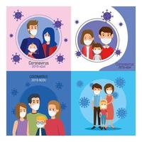 set scenes of families using face mask and particles covid 19 vector