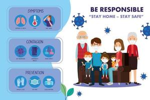 stay at home campaign with family using face mask vector