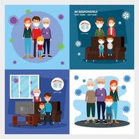 set scenes of stay at home campaign with families vector