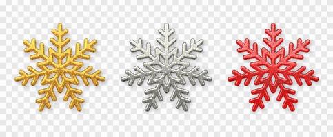 Snowflakes set. Sparkling golden, silver and red snowflakes with glitter texture isolated on background. Christmas decoration. vector