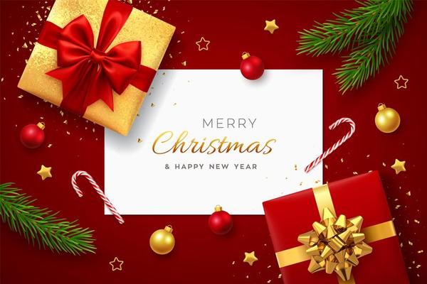 Christmas background with square paper banner, realistic red gift boxes with red and golden bows, pine branches, gold stars and glitter confetti, balls bauble. Xmas background, greeting cards.