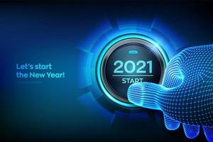 2021 start. Finger about to press a button with the text 2021 start. Happy new year. New Year two thousand and twenty one is coming concept. vector