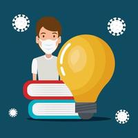 man using face mask with books and light bulb vector