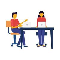 young couple using laptops in workplace vector