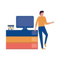 young man with desktop computer and books vector