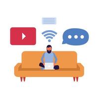 young man using laptop on sofa vector