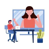 young couple using video call technology on laptop and desktop vector